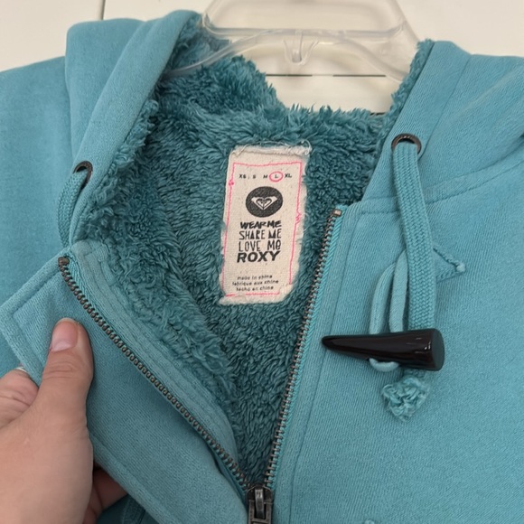Roxy Full Zip Hooded Jacket Faux Sherpa Lined Toggle Buttons Women’s Size Large - Picture 7 of 7